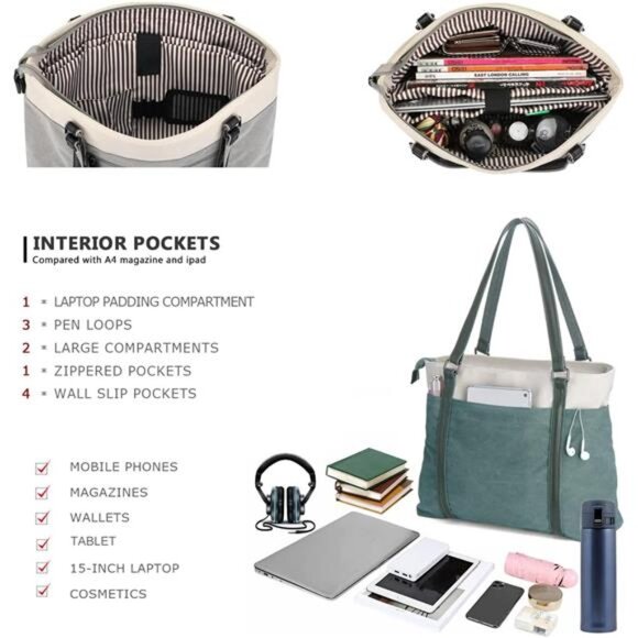 Women Laptop Tote Bag for Work Lightweight Splice Canvas 15.6 Inch Handbag Purse - Picture 4 of 7